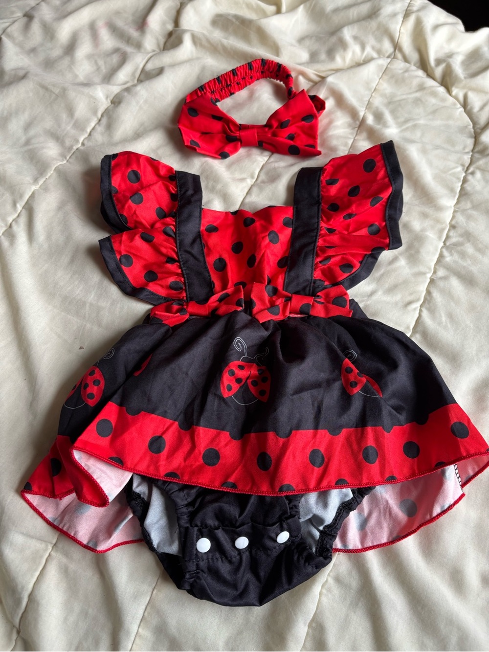 Red and Black Ladybug Kids Costume Dress with Headband Size 0-3 months